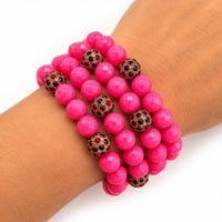 Hot Pink Crystal Leopard Accent Stretch Bracelet