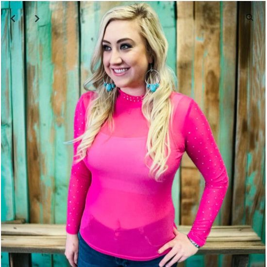 Hot Pink Mesh Rhinestone Sleeve Top – Size Large Only