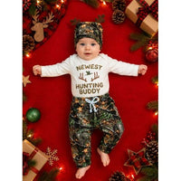 Newest Hunting Buddy Baby Outfit – Romper, Pants & Hat Set
