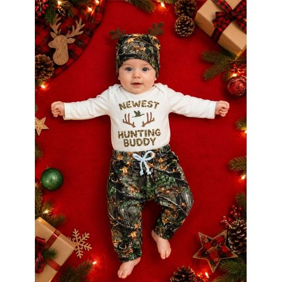 Newest Hunting Buddy Baby Outfit – Romper, Pants & Hat Set