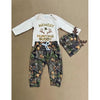 Newest Hunting Buddy Baby Outfit – Romper, Pants & Hat Set