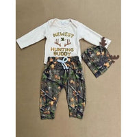 Newest Hunting Buddy Baby Outfit – Romper, Pants & Hat Set