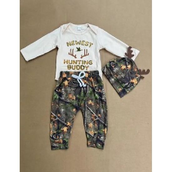 Newest Hunting Buddy Baby Outfit – Romper, Pants & Hat Set