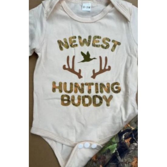 Newest Hunting Buddy Baby Outfit – Romper, Pants & Hat Set