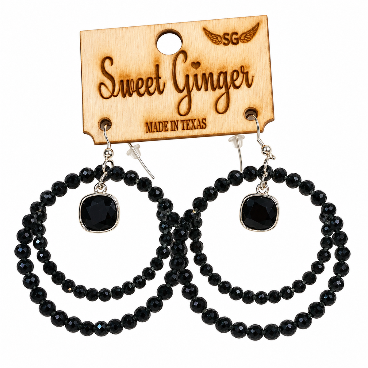 Black Crystal Double Scalloped Wood Earrings