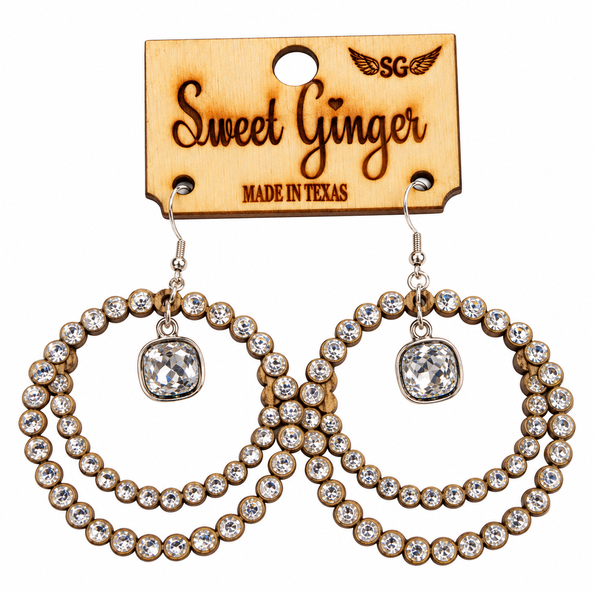 Clear Crystal Double Scalloped Wood Earrings