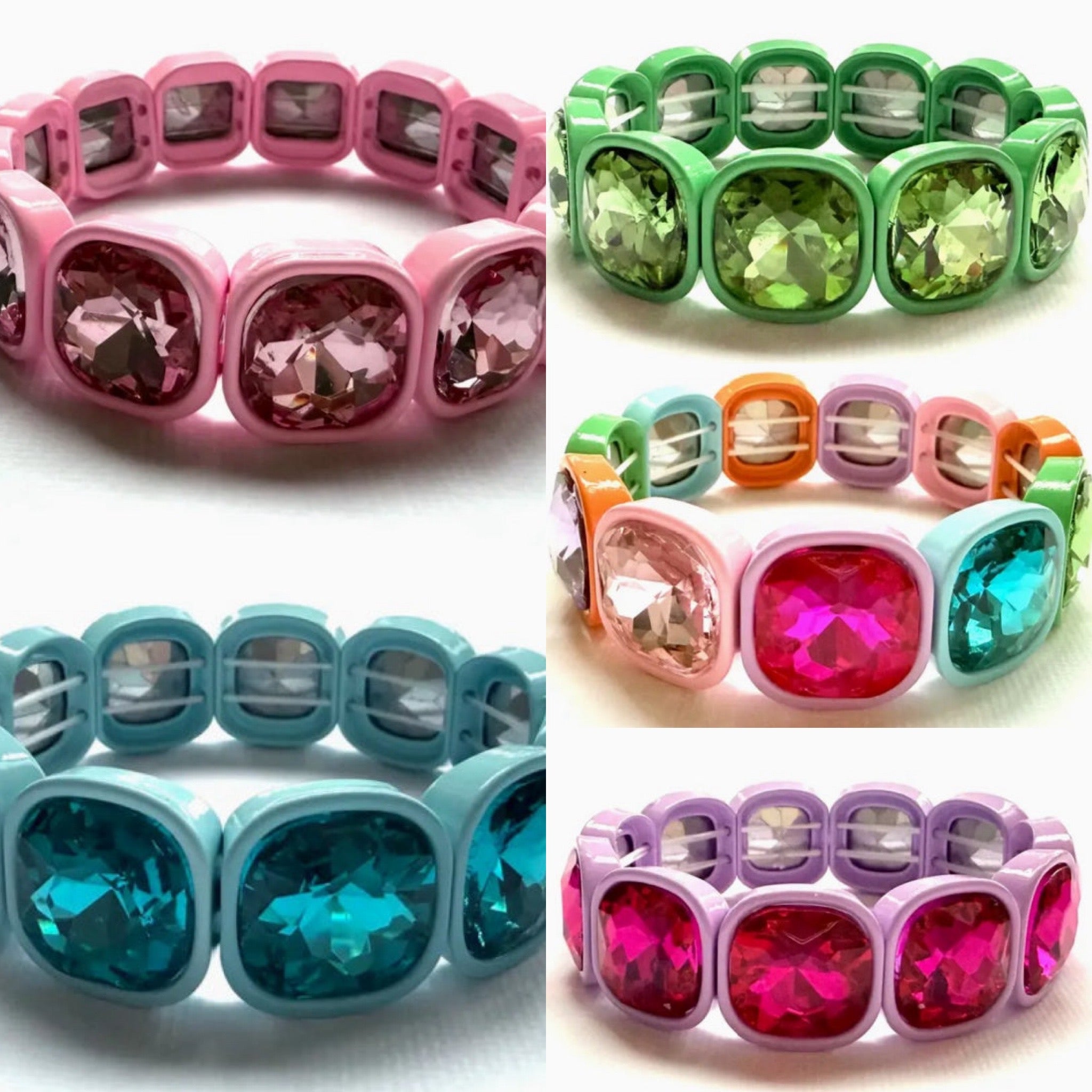 Square Crystal Gemstone Stretch Bracelet – Colorful Sparkly Statement Jewelry