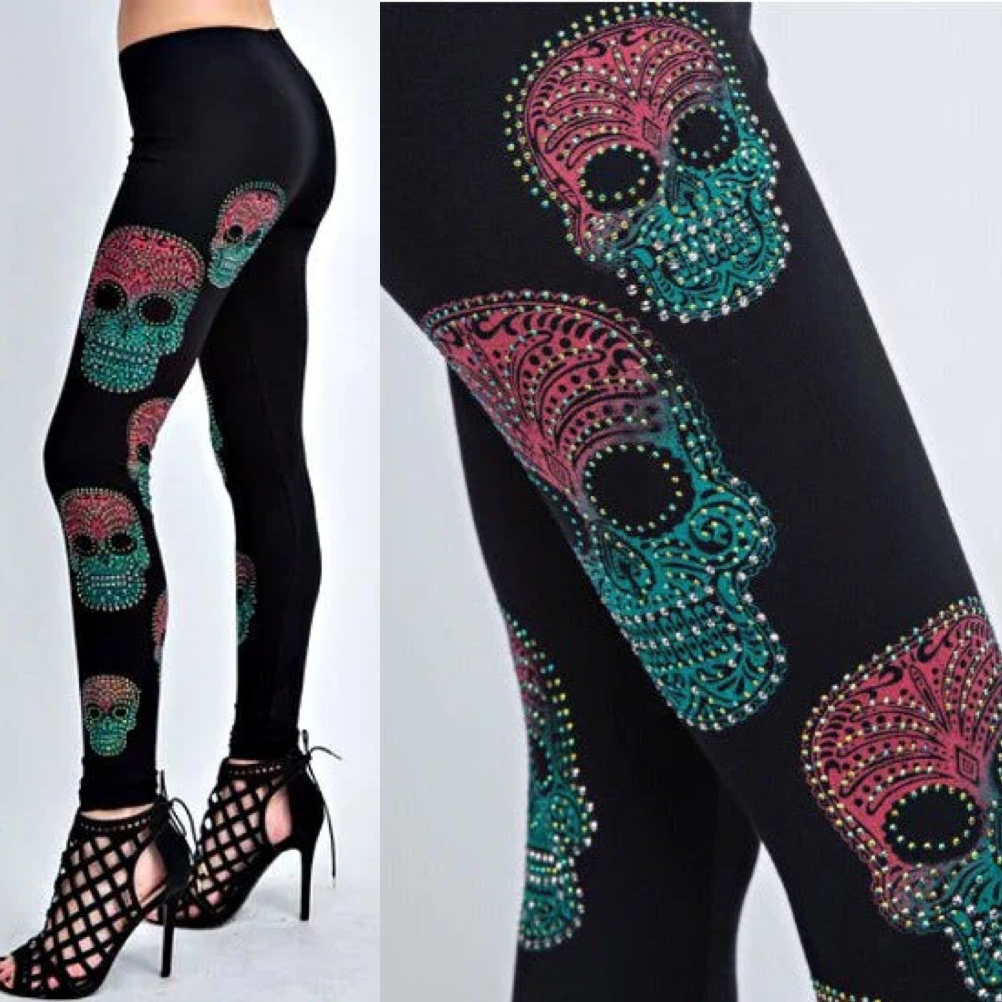 Black Leggings with Colorful Rhinestone Sugar Skulls