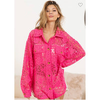 Neon Pink Button Down Lace Shacket Shirt