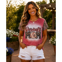 Baseball Mom Bleached Graphic Tee with Leopard & Printed Sleeves