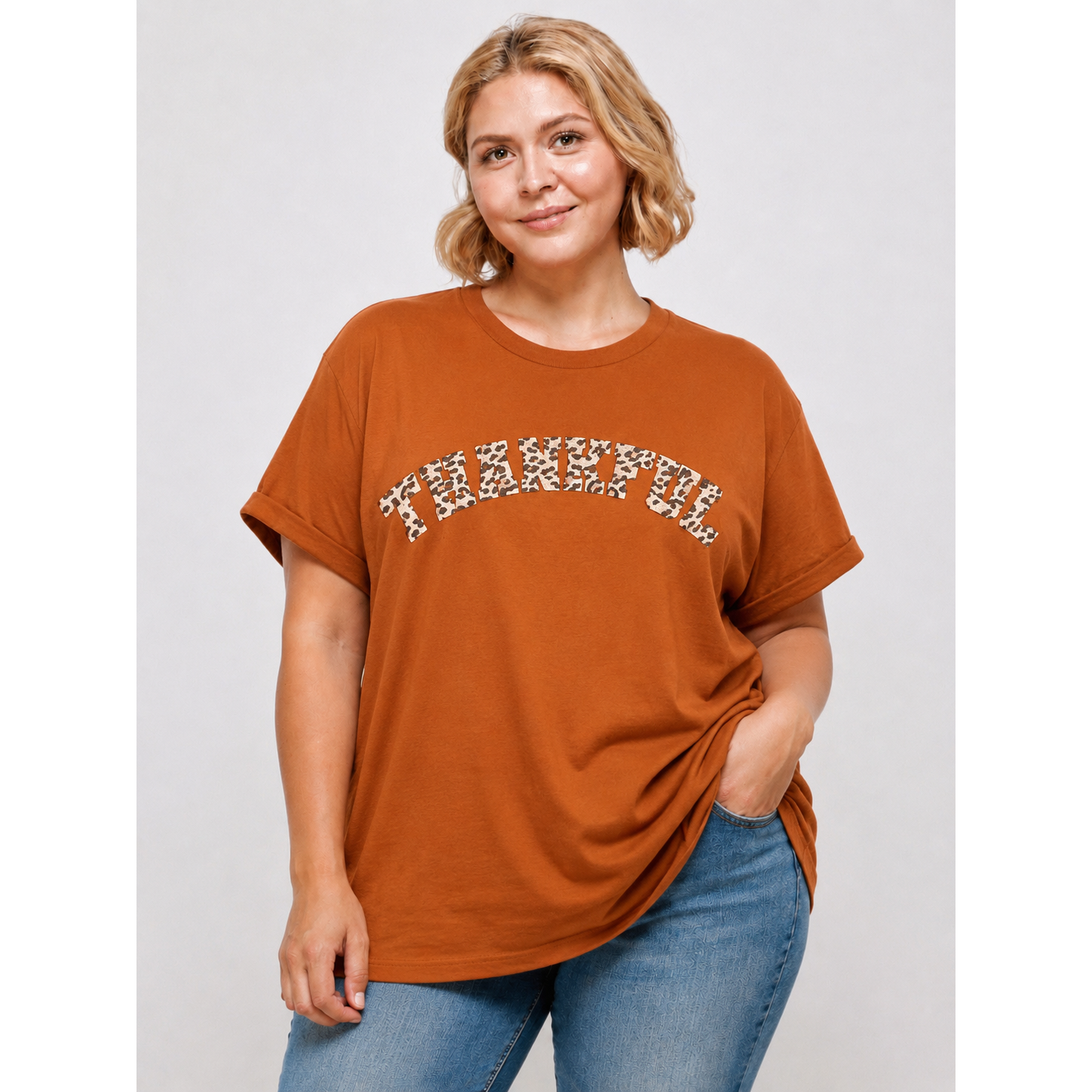 Burnt Orange Leopard Thankful Graphic Tee – Puffy Print Cotton Top