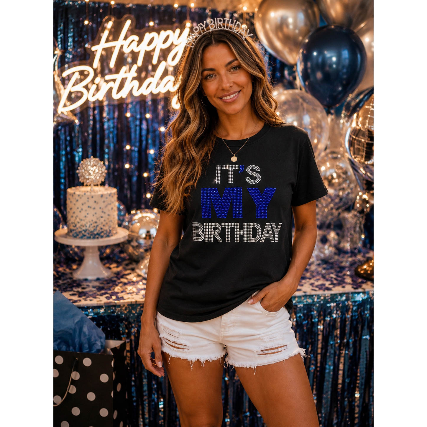 Black “It’s My Birthday” Rhinestone Tee – Royal Blue & Clear Bling Top