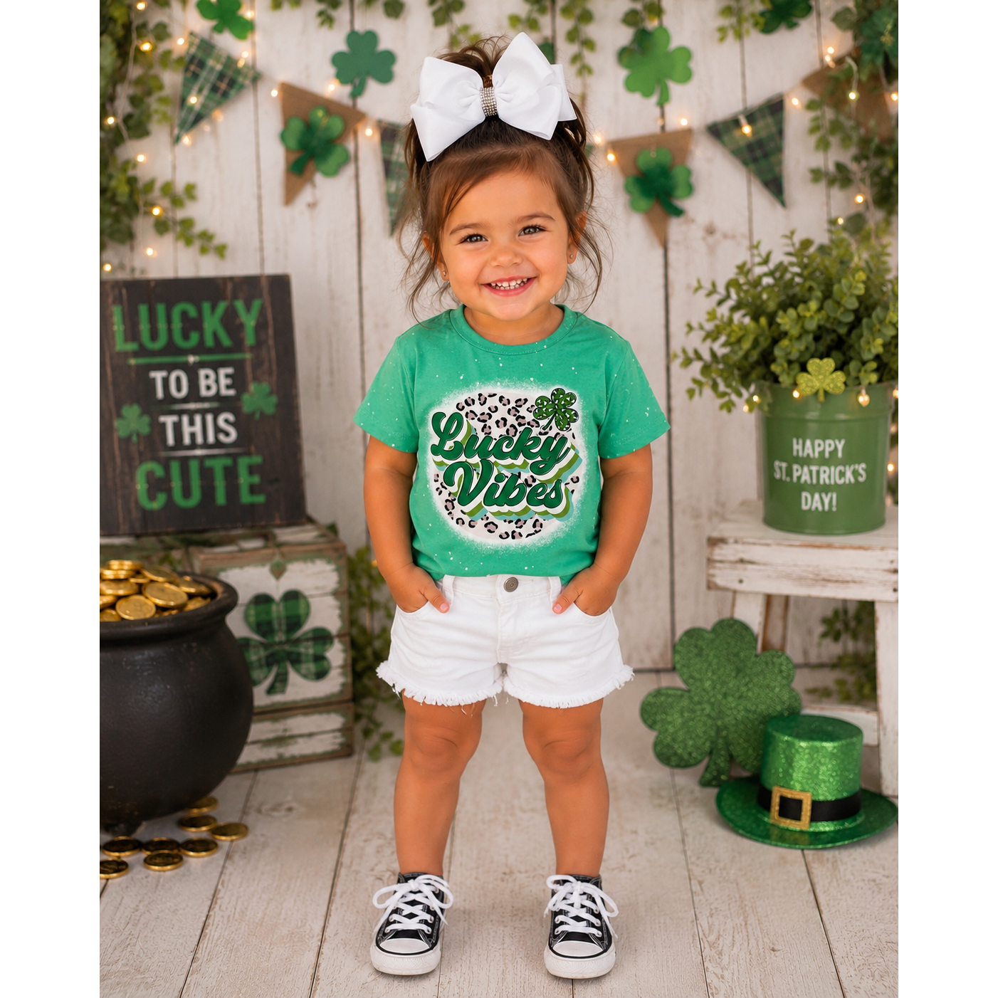 Girls Lucky Vibes Faux Bleached Green Tee