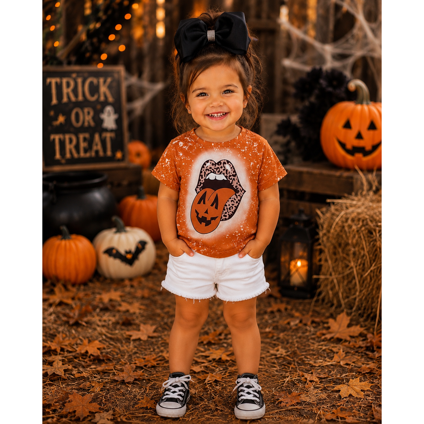 Girls Pumpkin Tongue Faux Bleached Tee