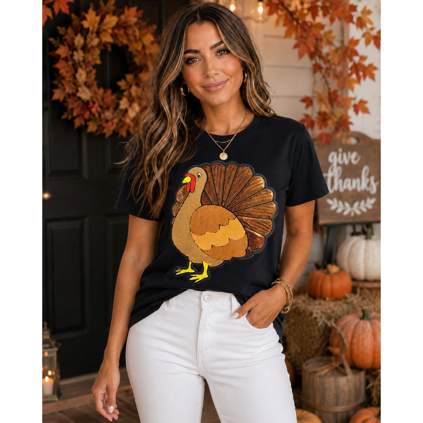 Sequin Turkey Chenille Patch Tee – Gildan Fall Thanksgiving Shirt