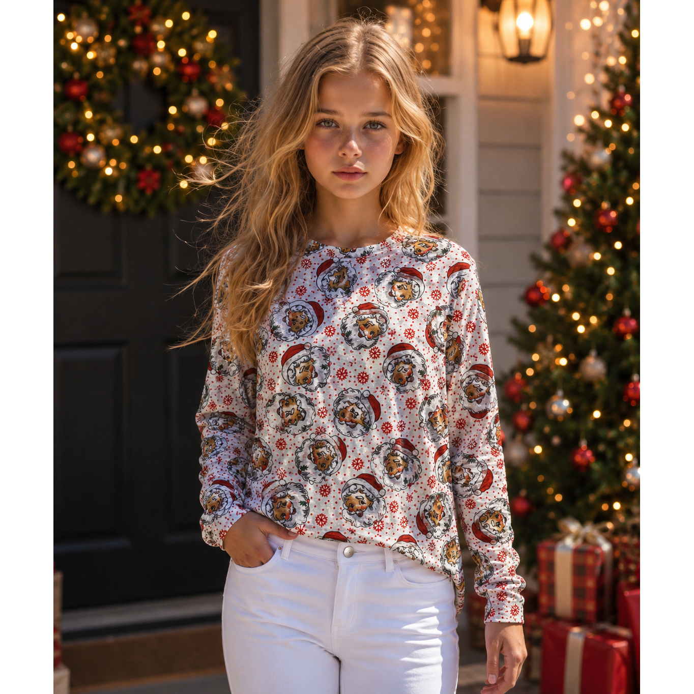 Girls Santa Face Holiday Mesh Top – Festive Long Sleeve Christmas Shirt