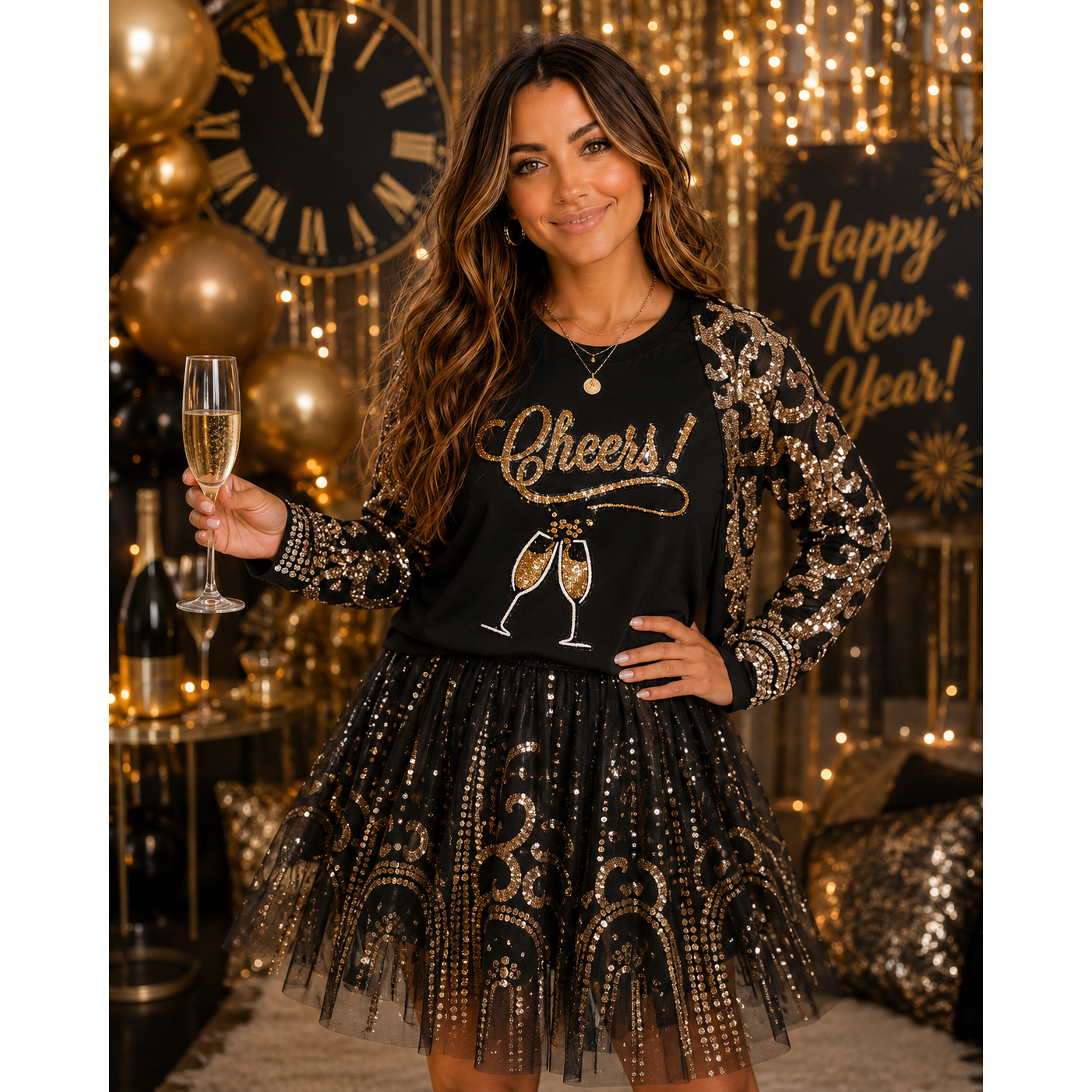 Cheers! Sequin Embellished Black Tee