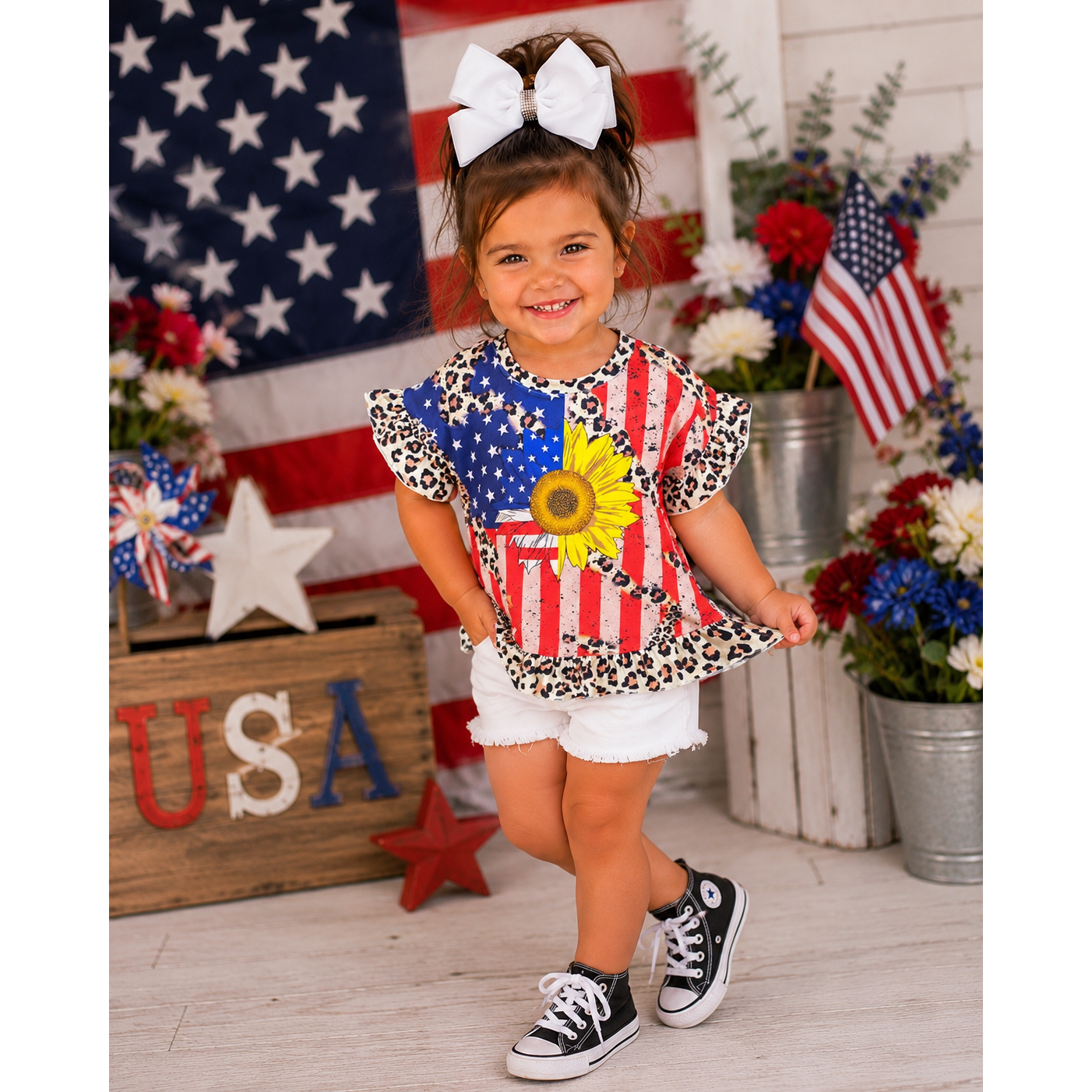 Girls USA Flag Sunflower Leopard Ruffle Top