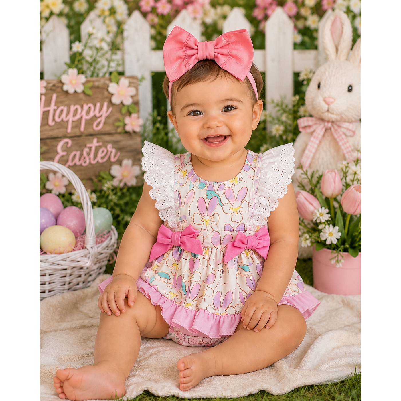 Girls Floral Bunny Twirl Onesie with Pink Side Bows