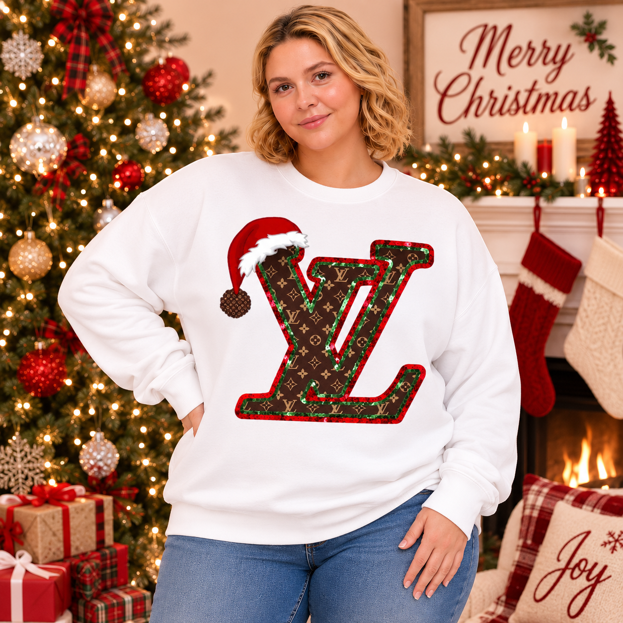White Designer-Inspired Christmas “LV” Sweatshirt with Santa Hat – Plus Sizes 2X–3X