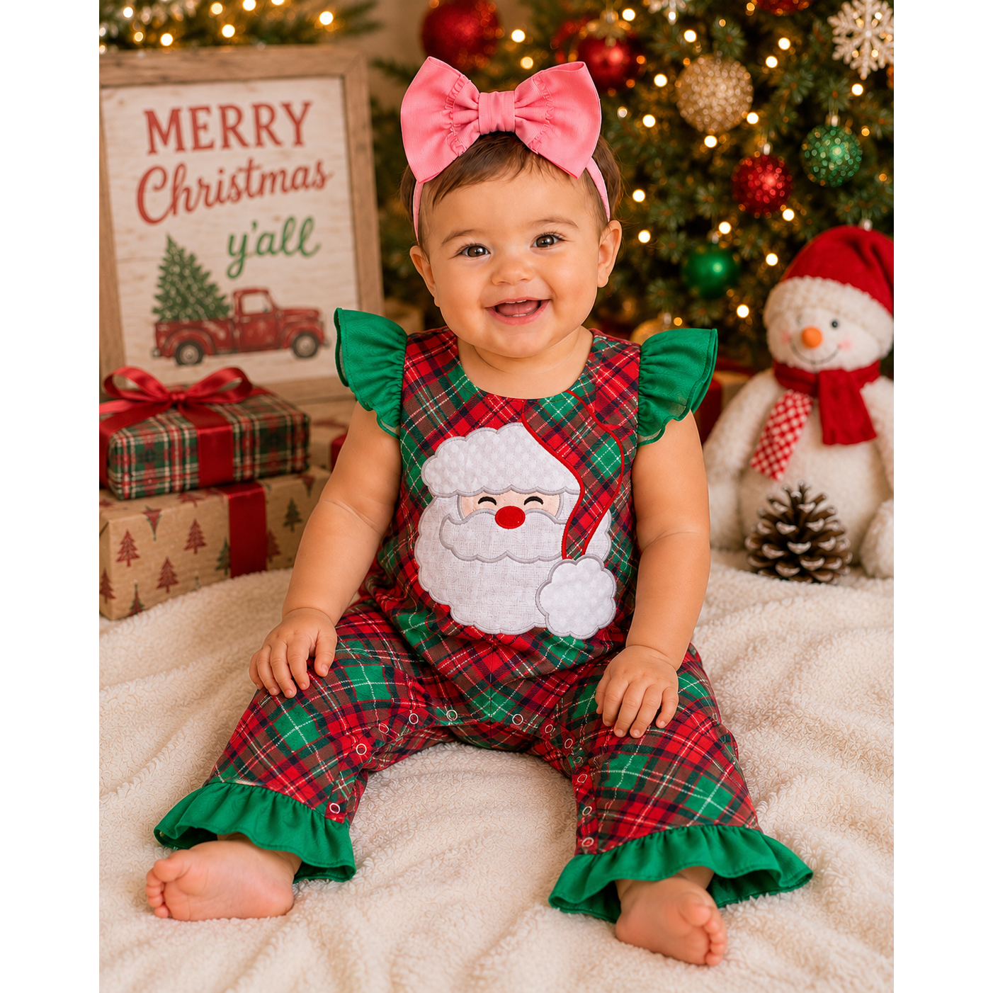 Santa Plaid Ruffle Santa Applique Jumper