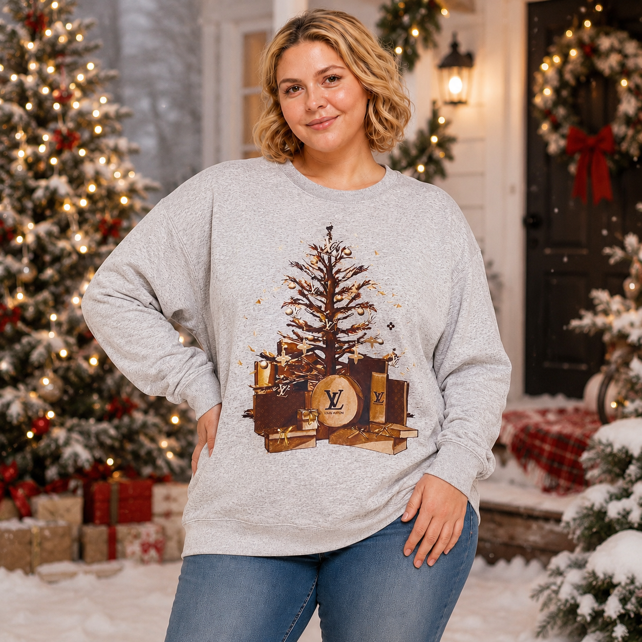 Gray Luxe Holiday Tree Sweatshirt with Designer-Inspired Gifts – Plus Sizes 2X–3X