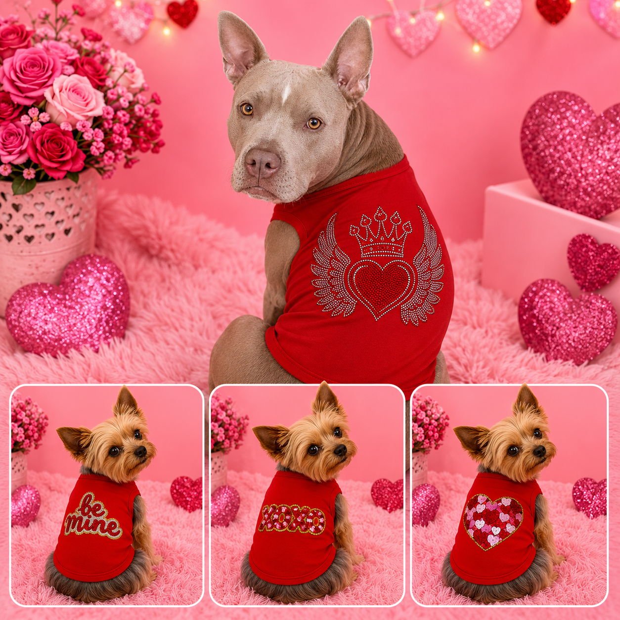 Valentine Red Dog Tee – Heart Patch or Rhinestone Wings