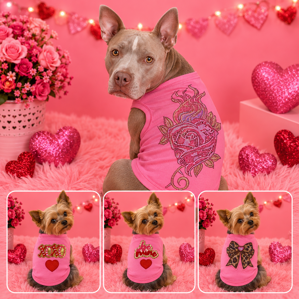 Valentine’s Pink Dog Tank – Patch & Rhinestone Flaming Rose Design
