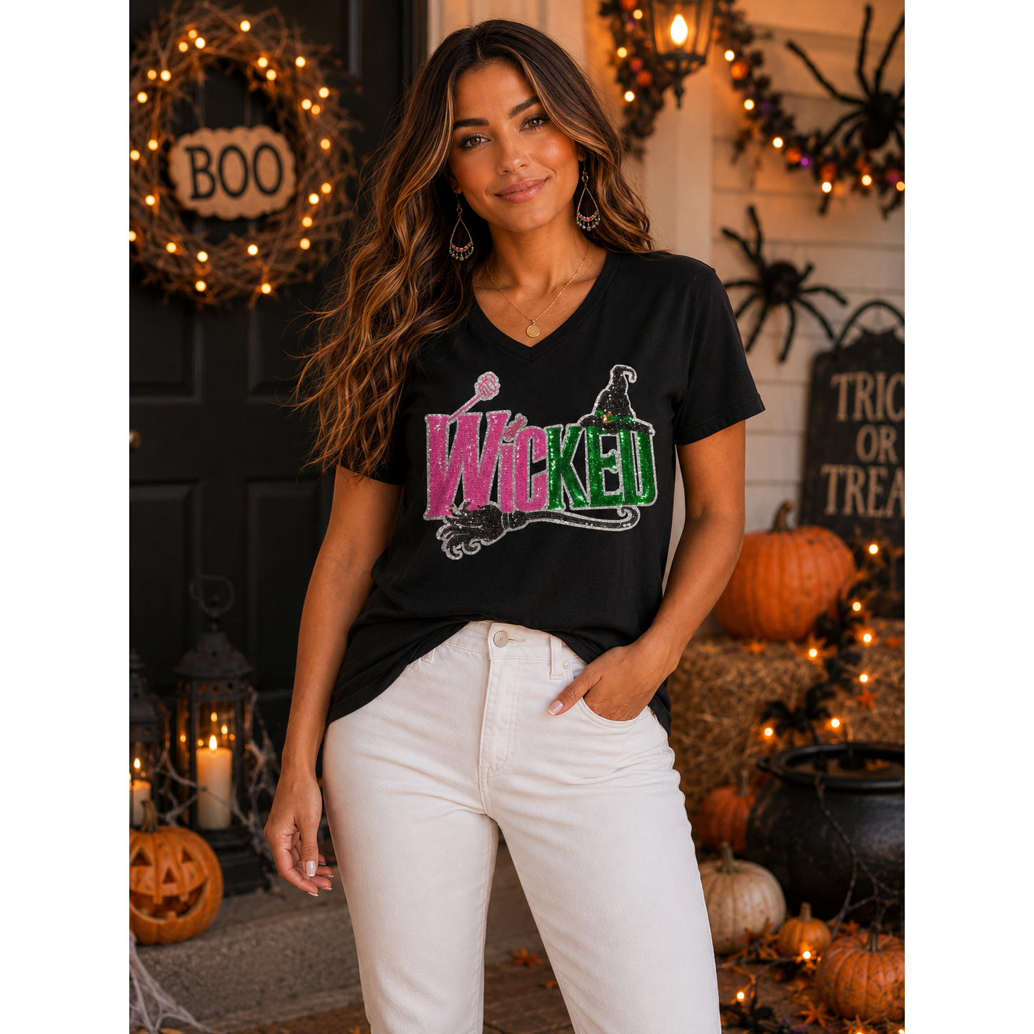 Wicked Sequin Patch Black V-Neck Tee – Sparkly Rhinestone Wicked Movie Inspired Top