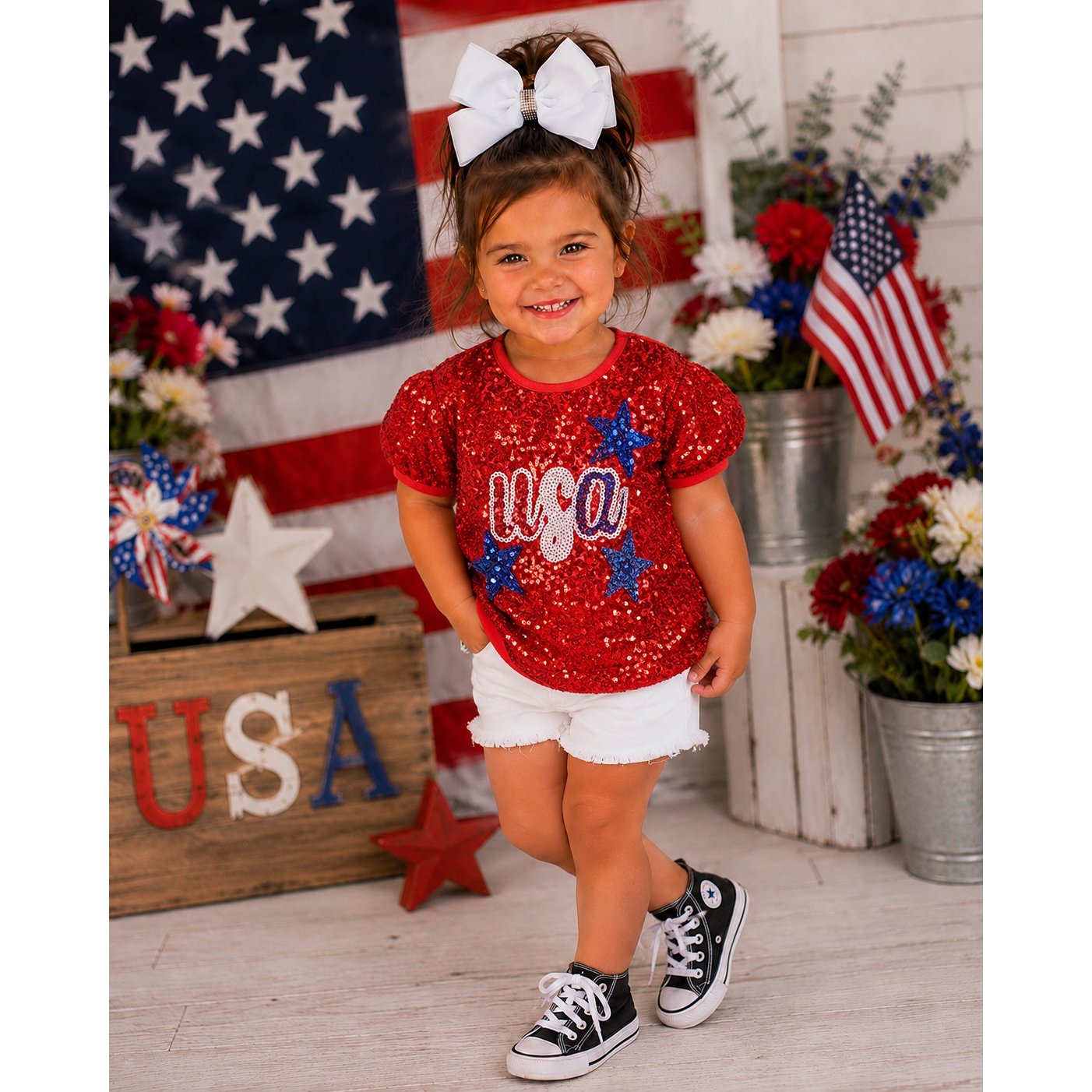 Girl’s Red USA Sequin Tee – Patriotic & Fun!