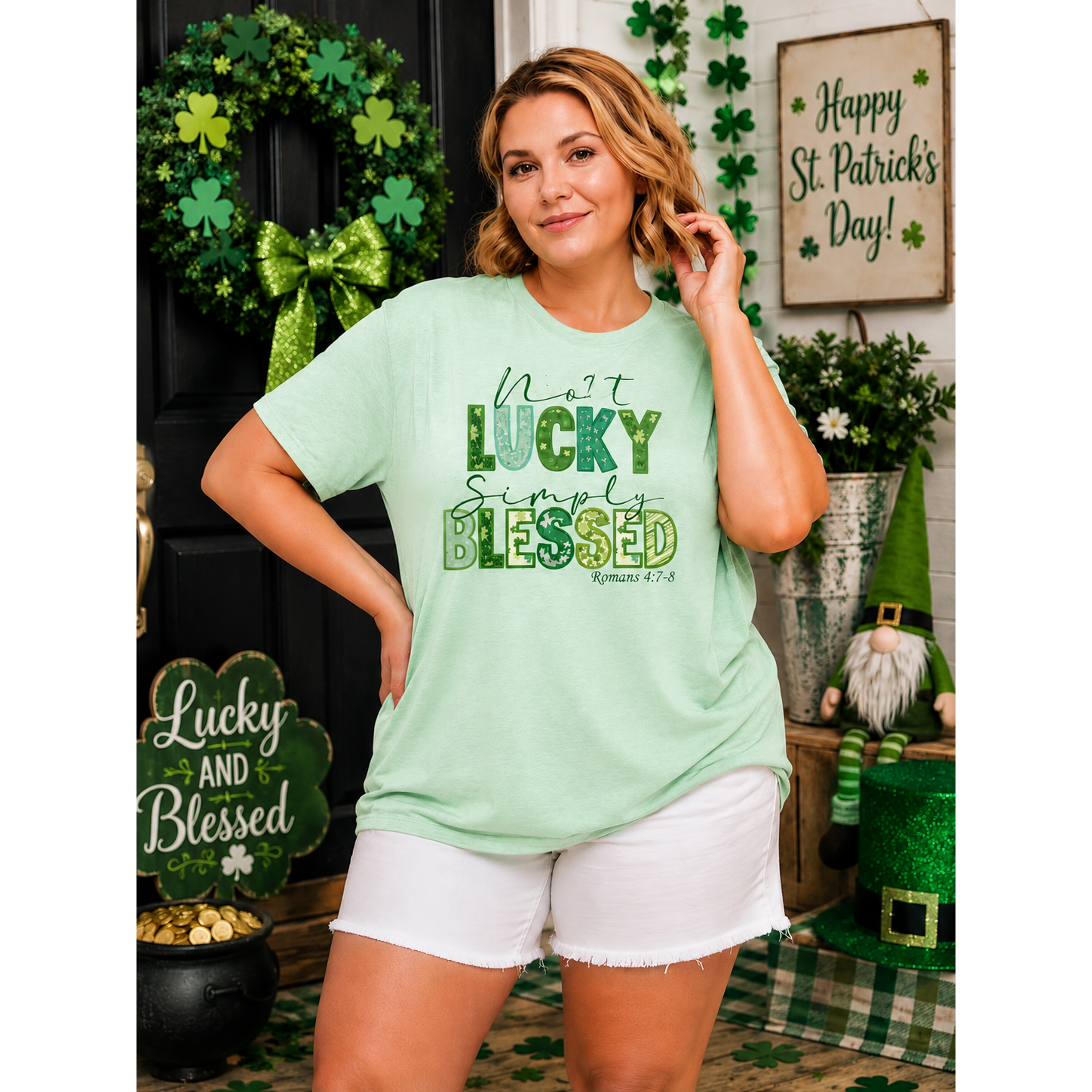 Not Lucky Simply Blessed Romans 4:7-8 Mint Graphic Tee
