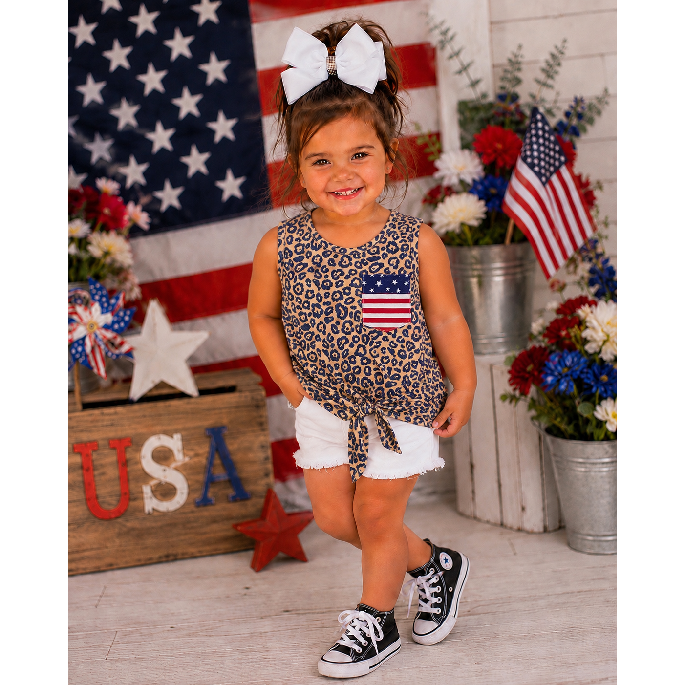 Girls Leopard Patriotic Pocket Tie Tank