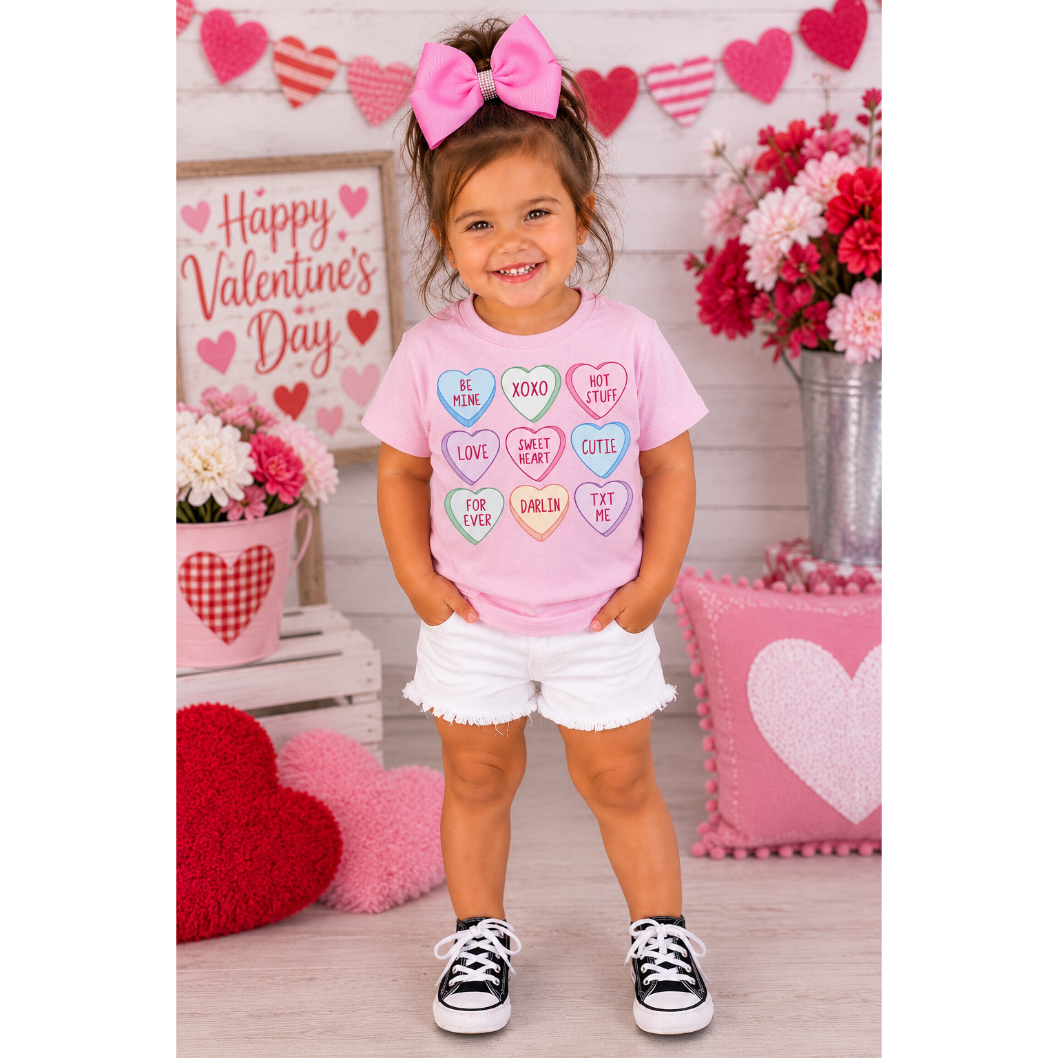 Pink Conversation Hearts Valentine Shirt – Girls Candy Heart Tee