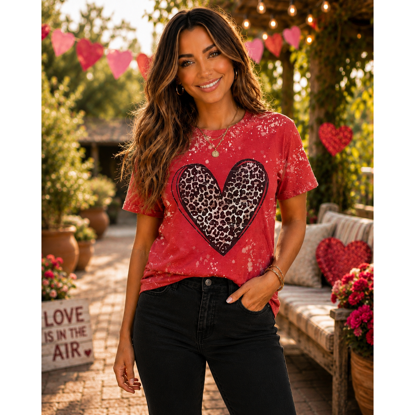 Red Leopard Heart Graphic Tee – Bleached Valentine Shirt with Leopard Print