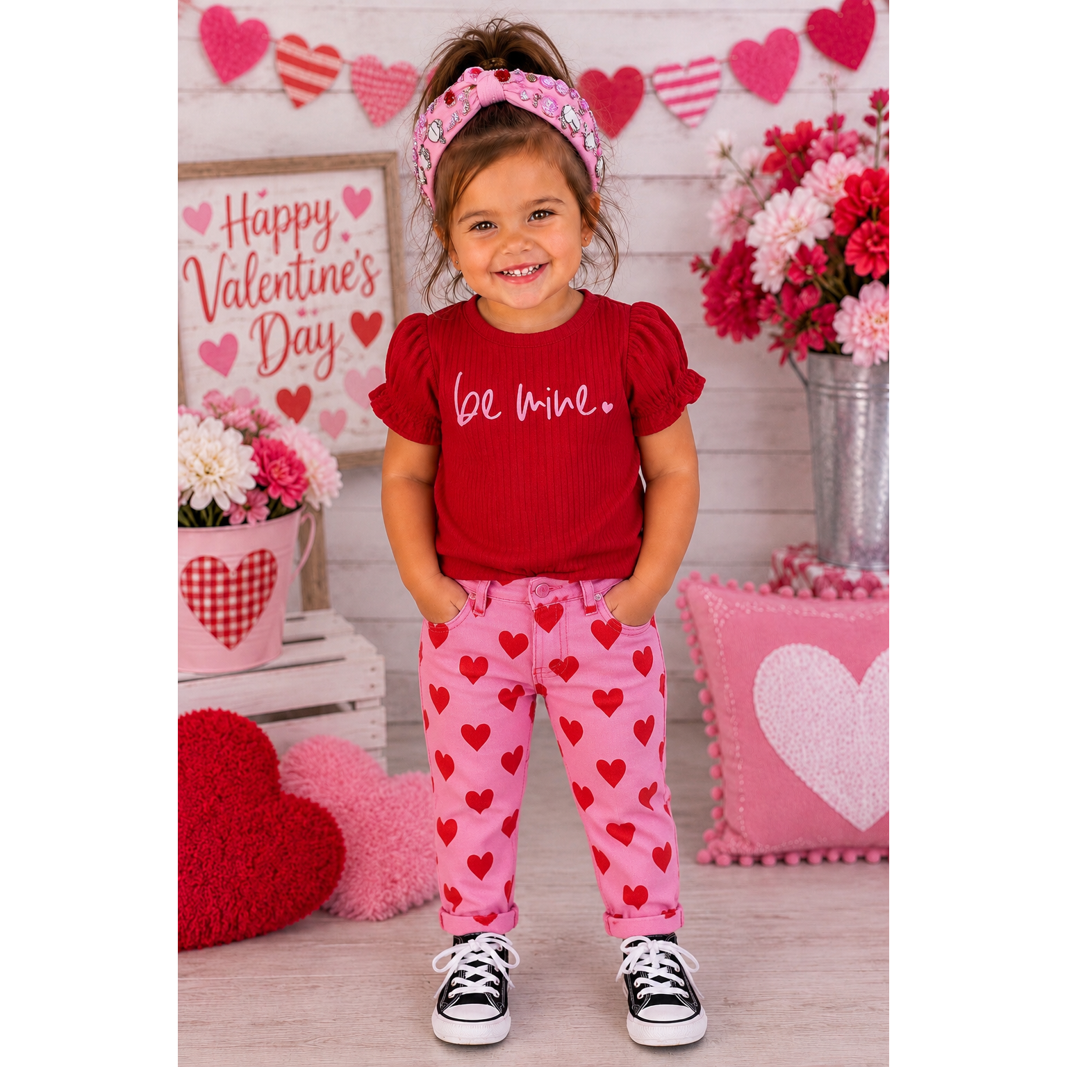 Be Mine Valentine’s Top & Heart Print Jeans Set – Girls Red & Pink Outfit