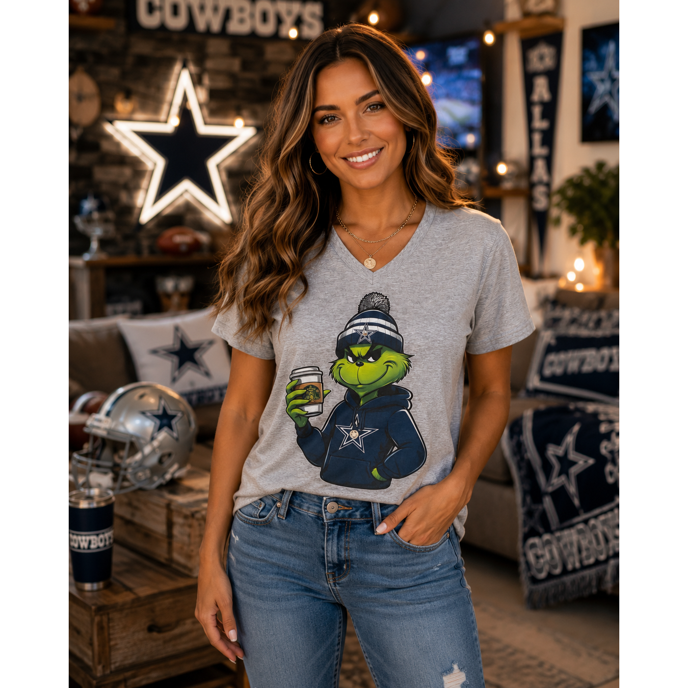Dallas Cowboys Grinch Graphic Tee – Gray Gildan