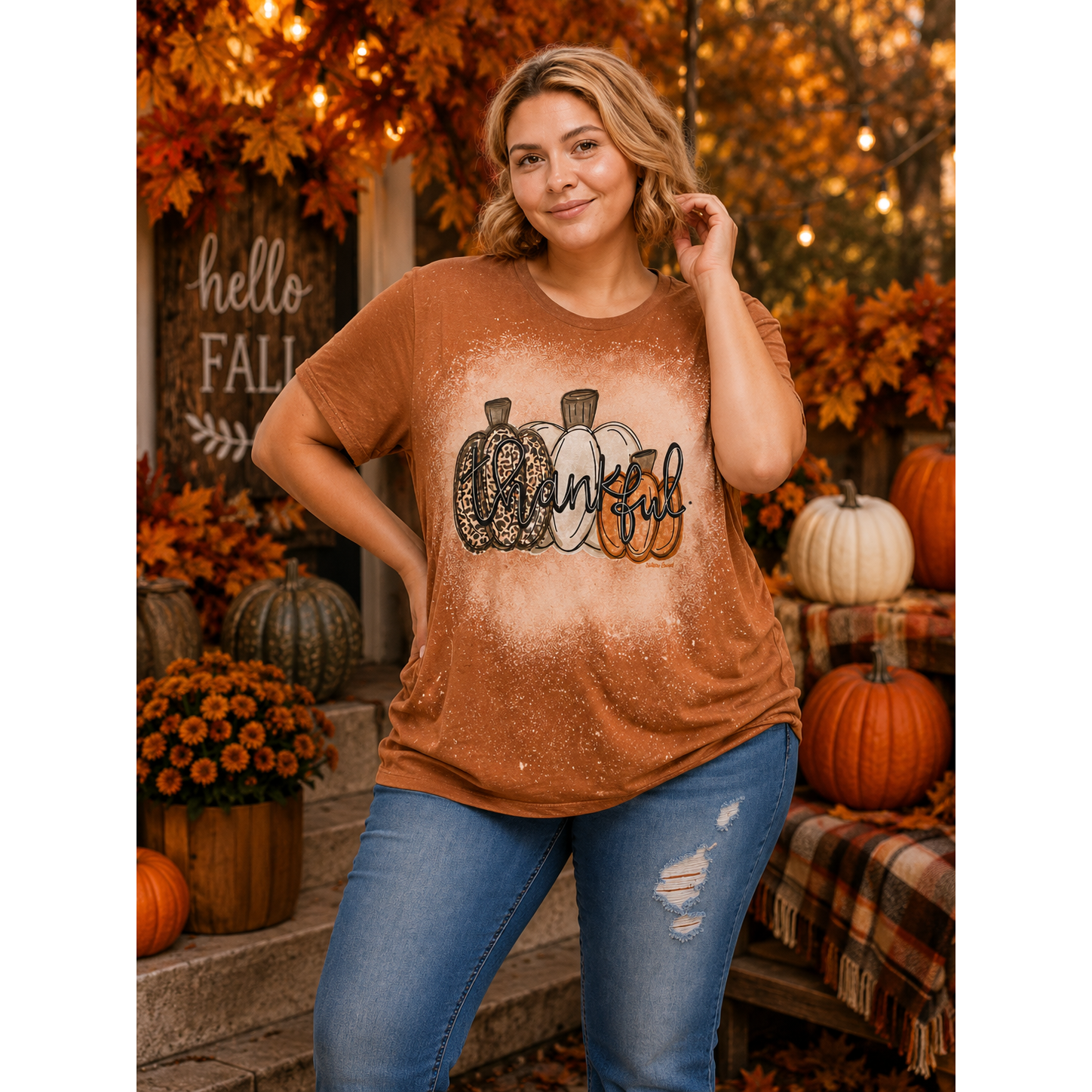 Bleached Thankful Pumpkin Plus Size Tee – Fall Graphic Top