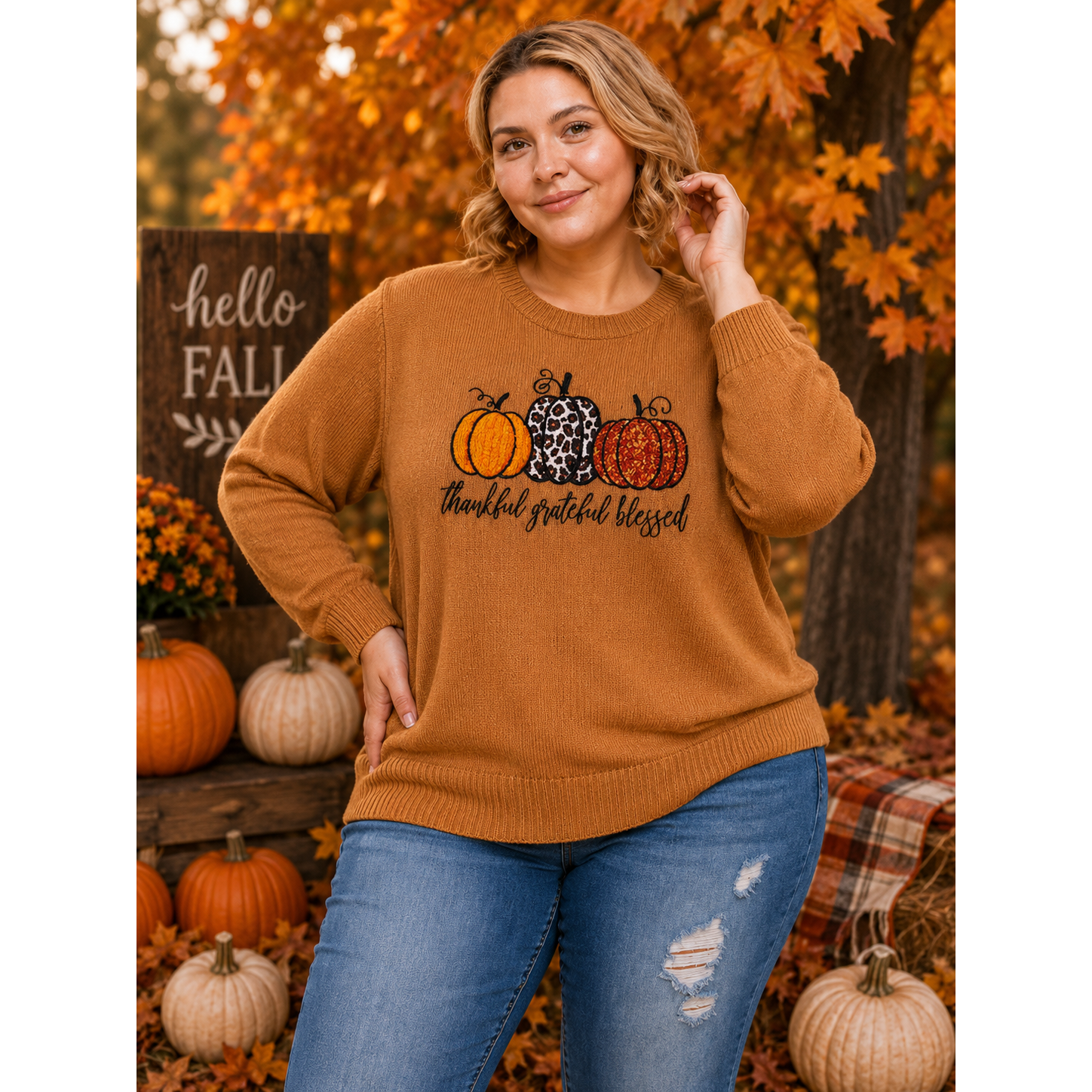 Grateful Thankful Blessed Pumpkin Sweater – Leopard & Sequin Embellished Fall Knit Size 3X