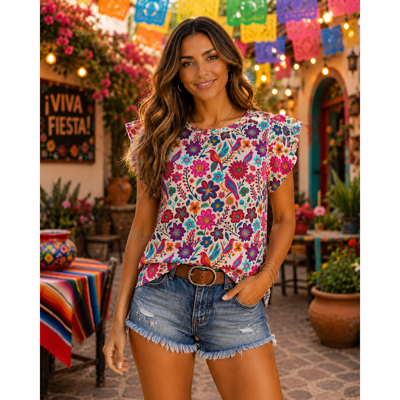 Western Vintage Floral Ruffle Sleeve Top
