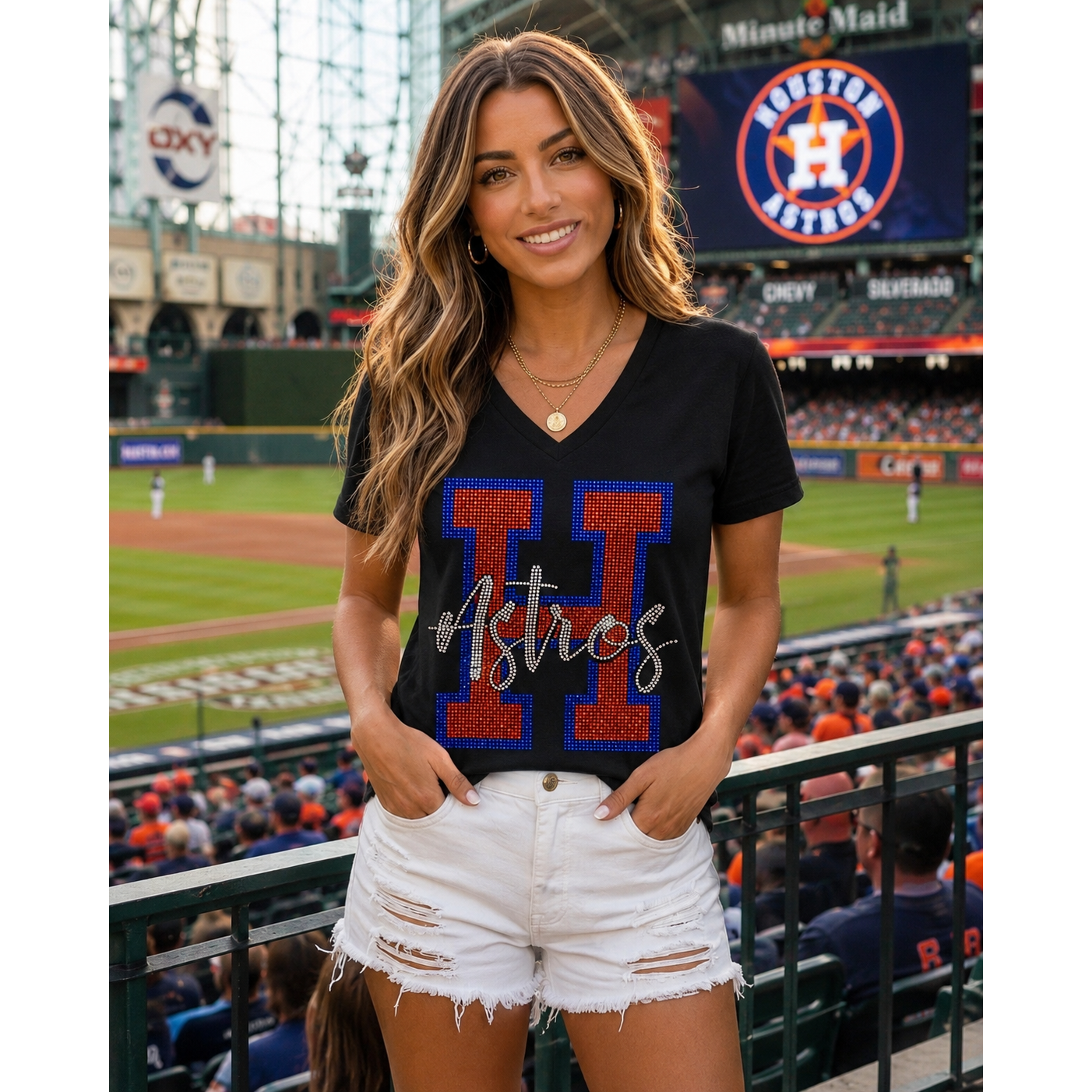 Black V-Neck Astros Rhinestone Tee