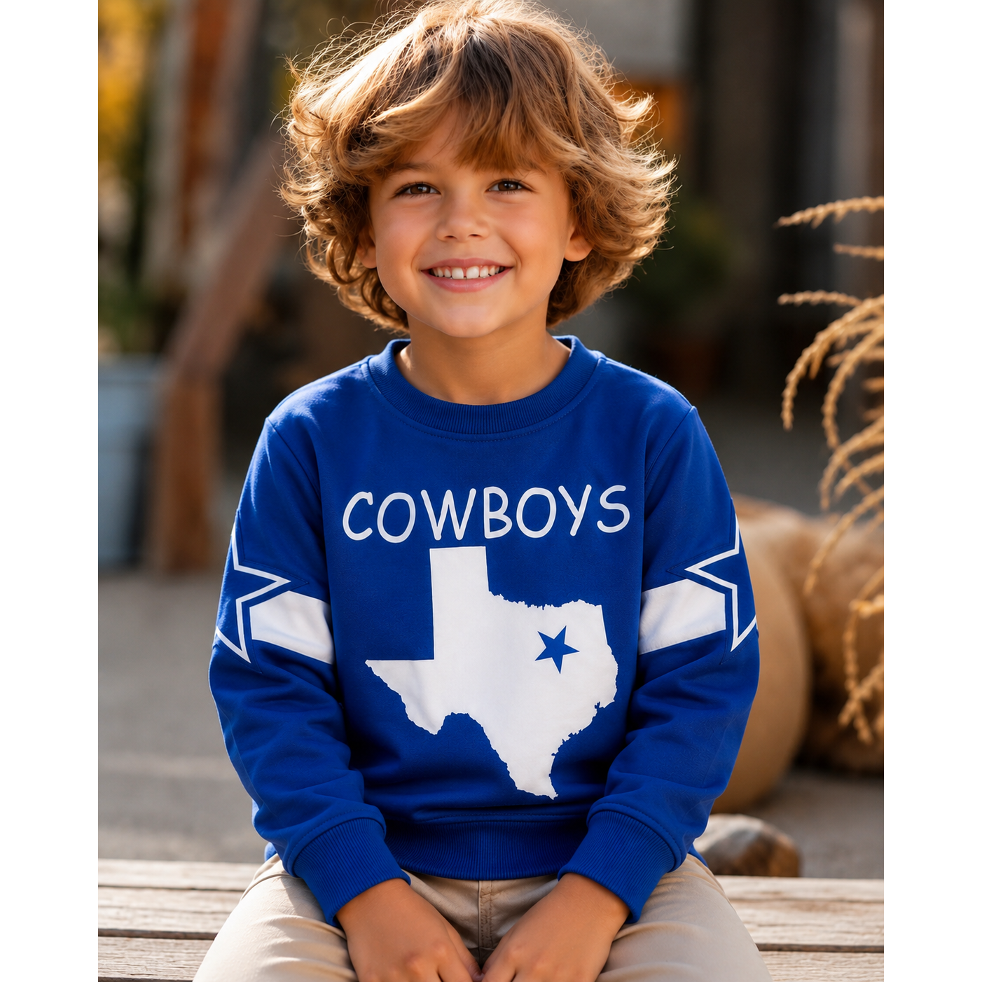 Kids Cowboys Texas Long Sleeve Top – Blue and White Star Sleeve Shirt