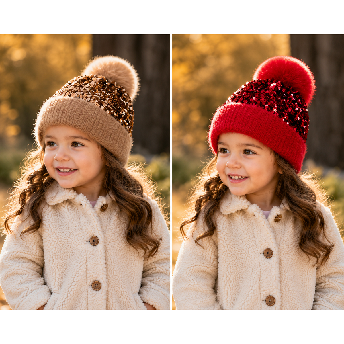 Girls Sequin Beanie with Pom Pom