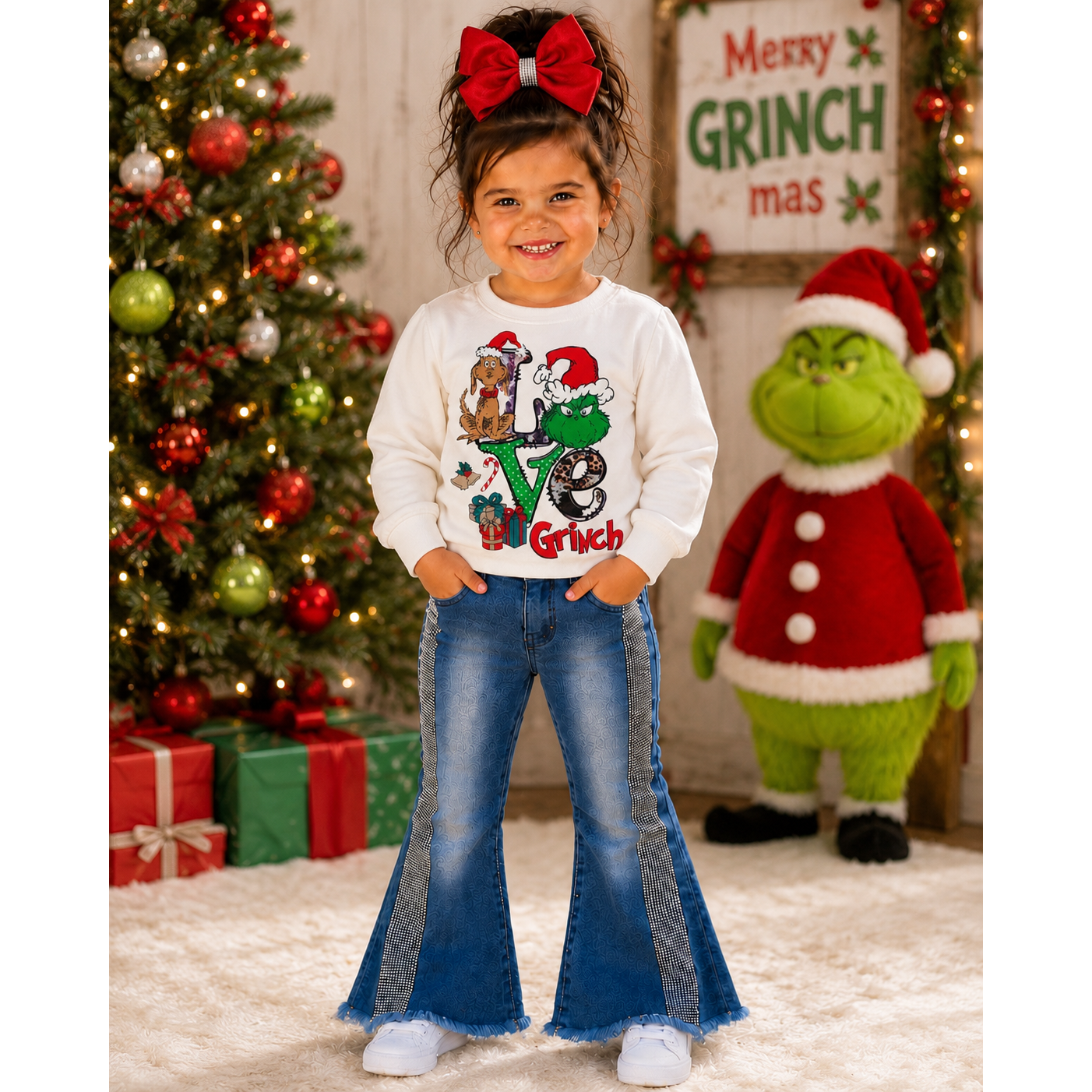Girls Christmas Grinch Sweatshirt – Holiday Graphic Pullover