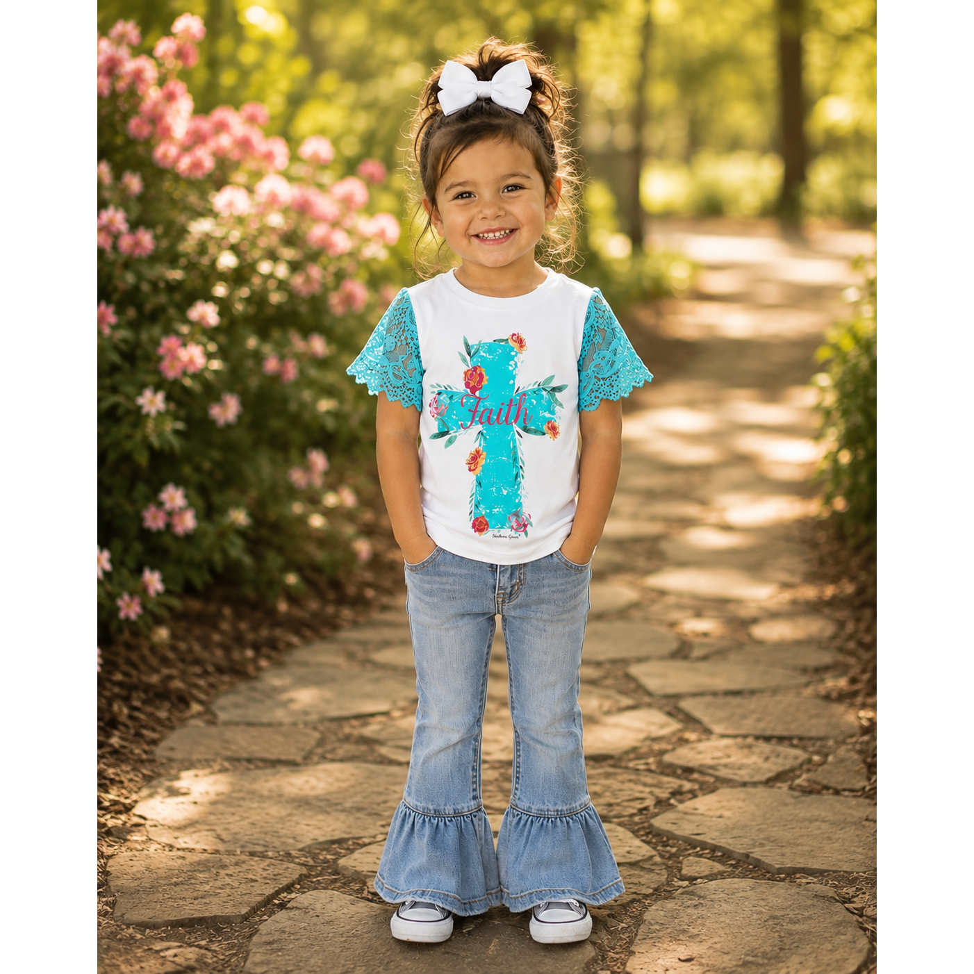 Girls “Faith” Cross Top with Lace Sleeves – Size 2/3T – LAST ONE!