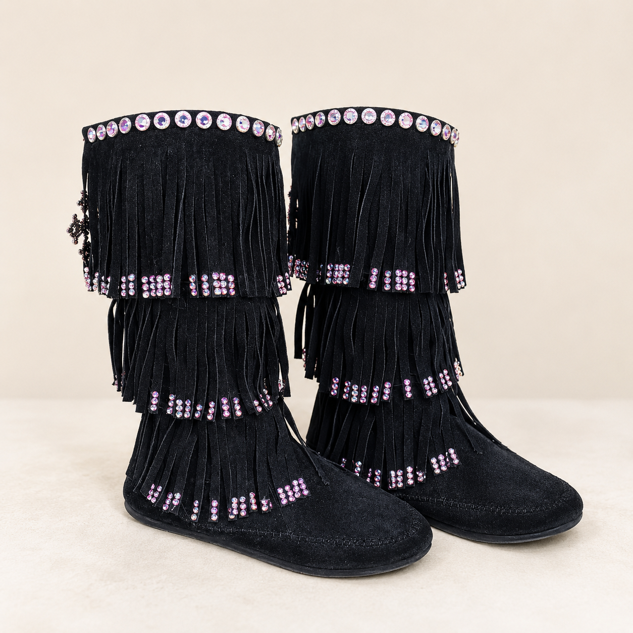 Black Fringe Moccasin Boots