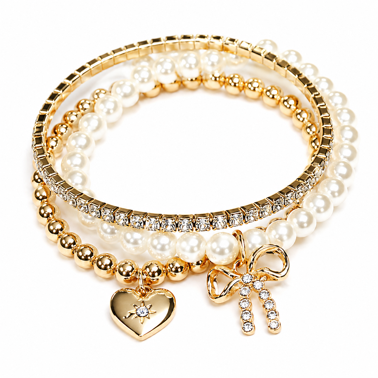 Gold 3 Piece Pearl Beaded Stretchy Bracelet