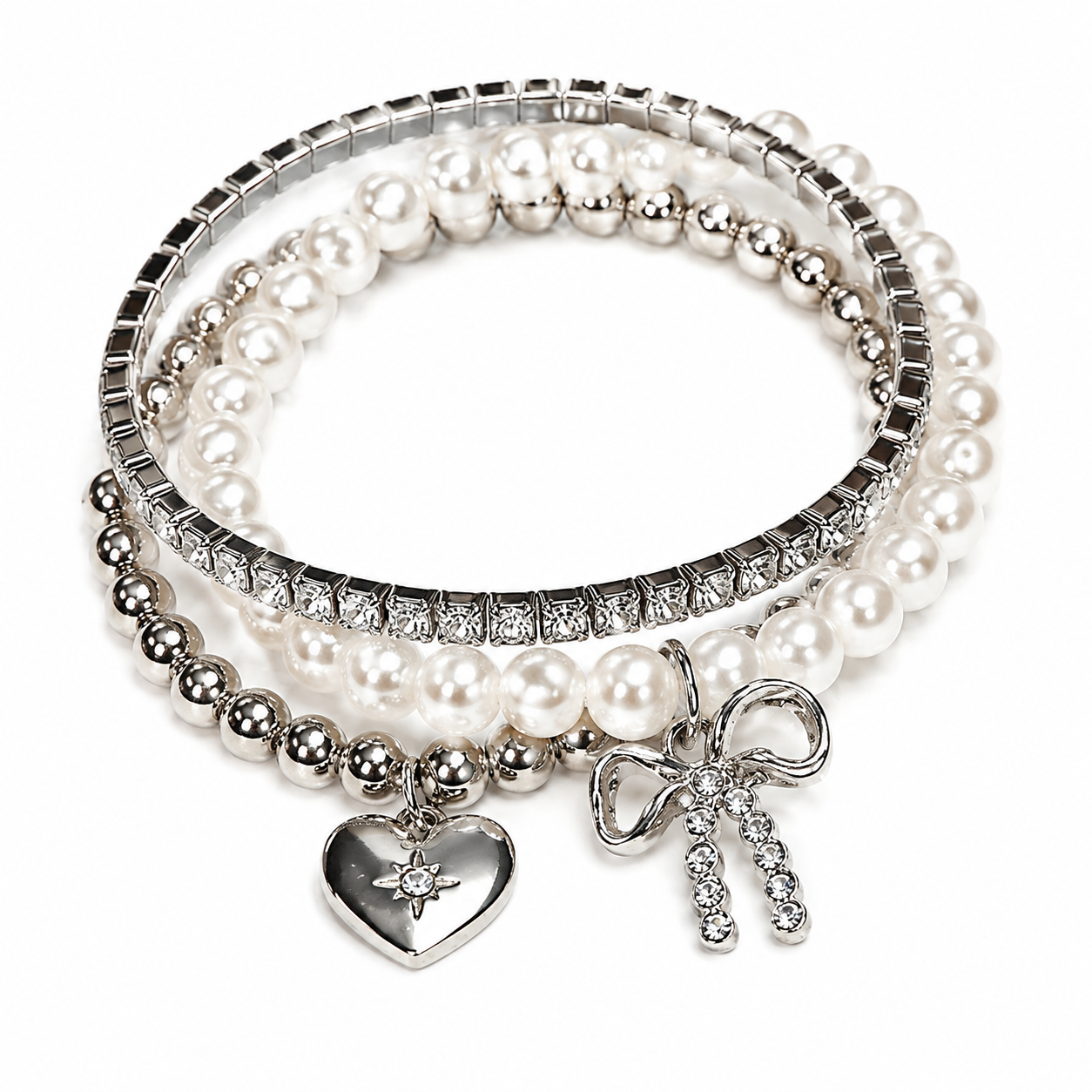 Silver Pearl Bow Charm Bracelet Set