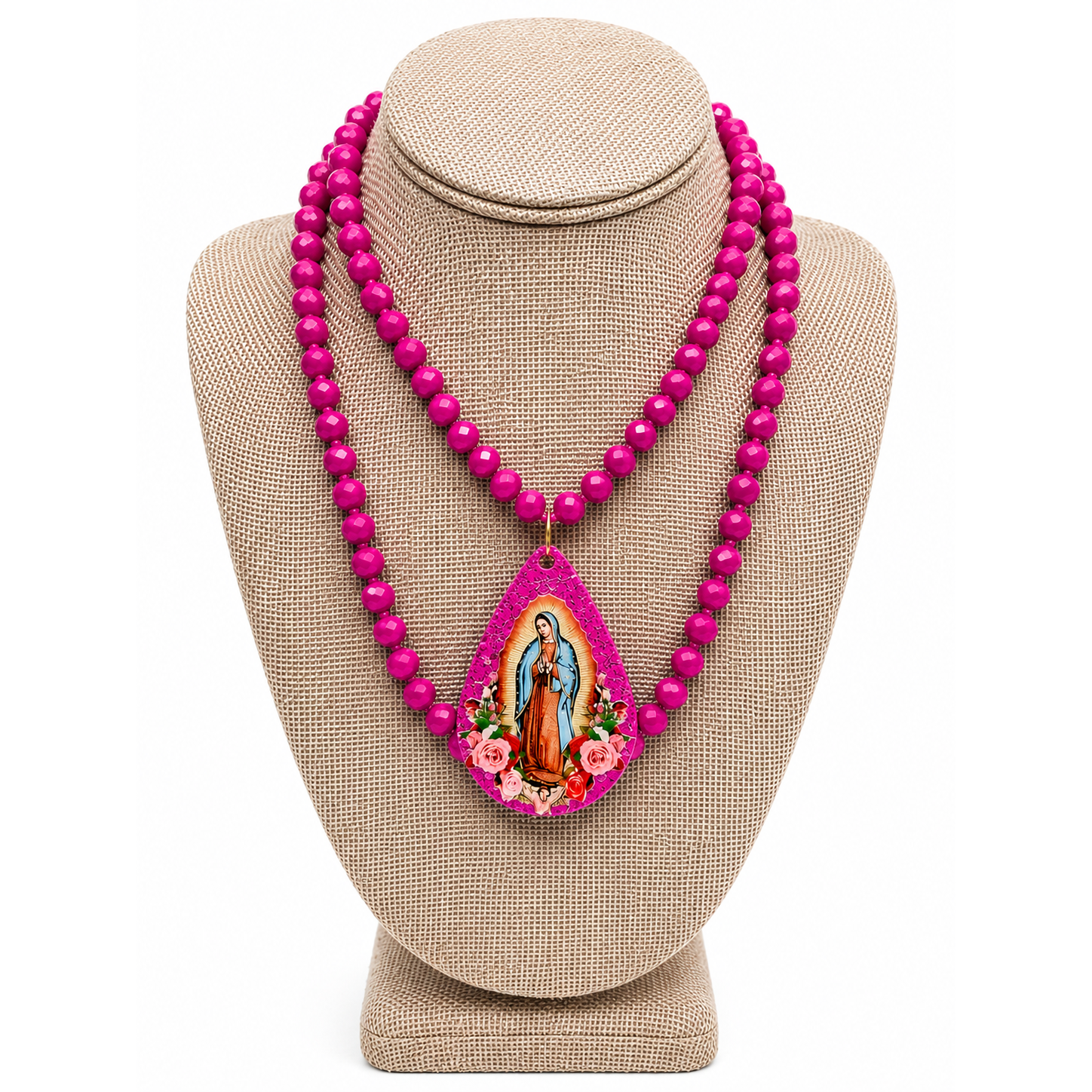 Our Lady of Guadalupe Glitter Pendant Beaded Necklace
