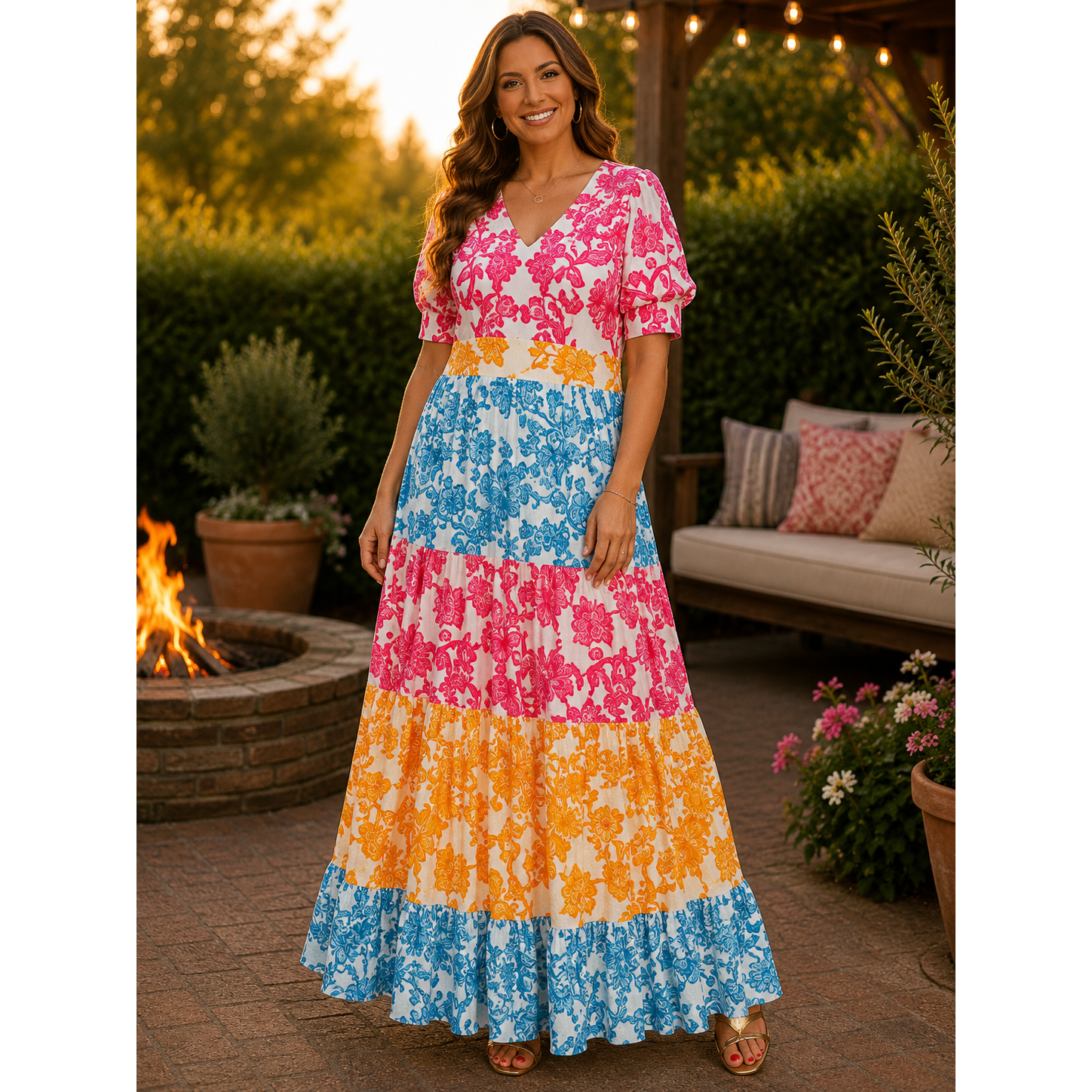 Fuchsia & Floral Color Block Maxi Dress