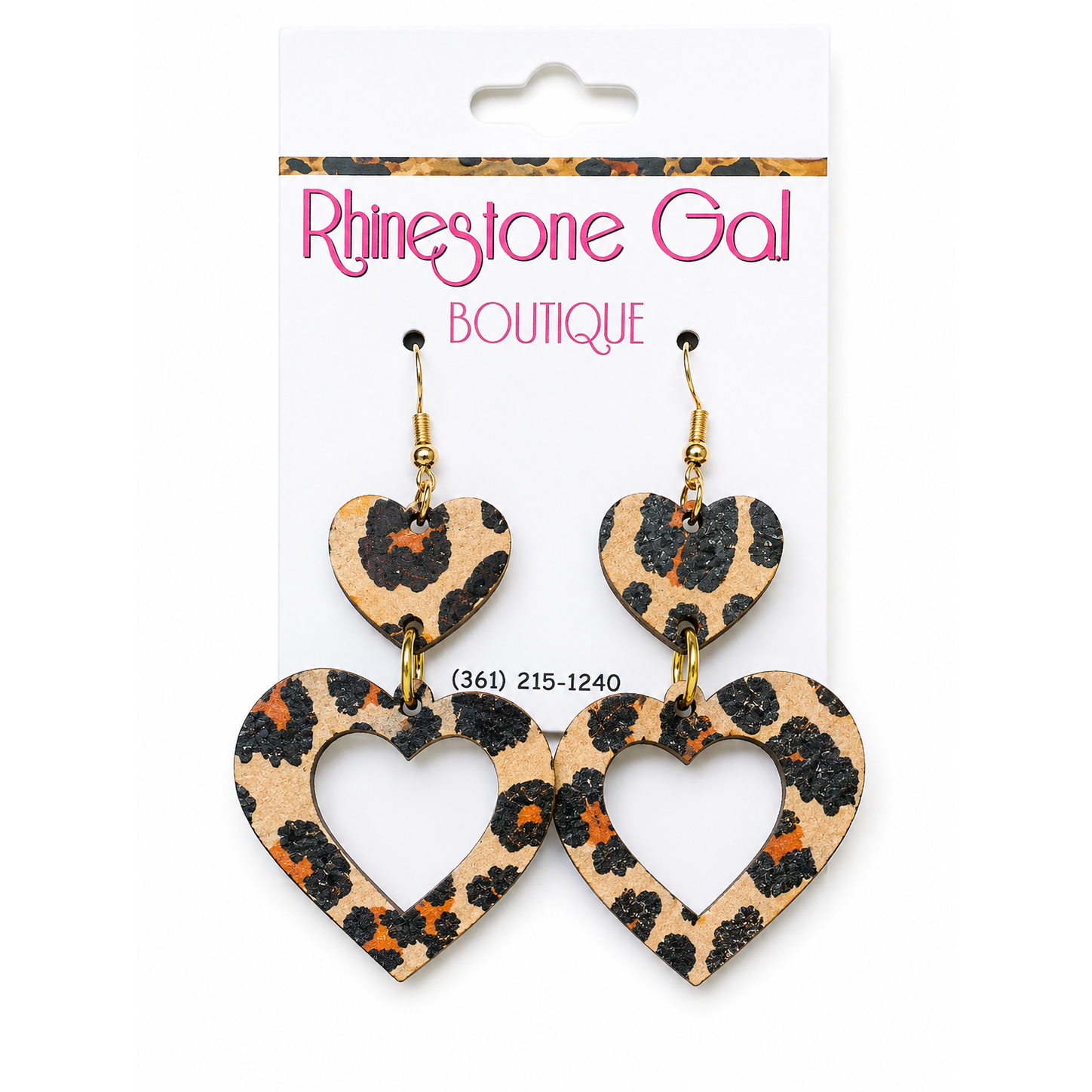 Leopard Double Heart Wood Earrings